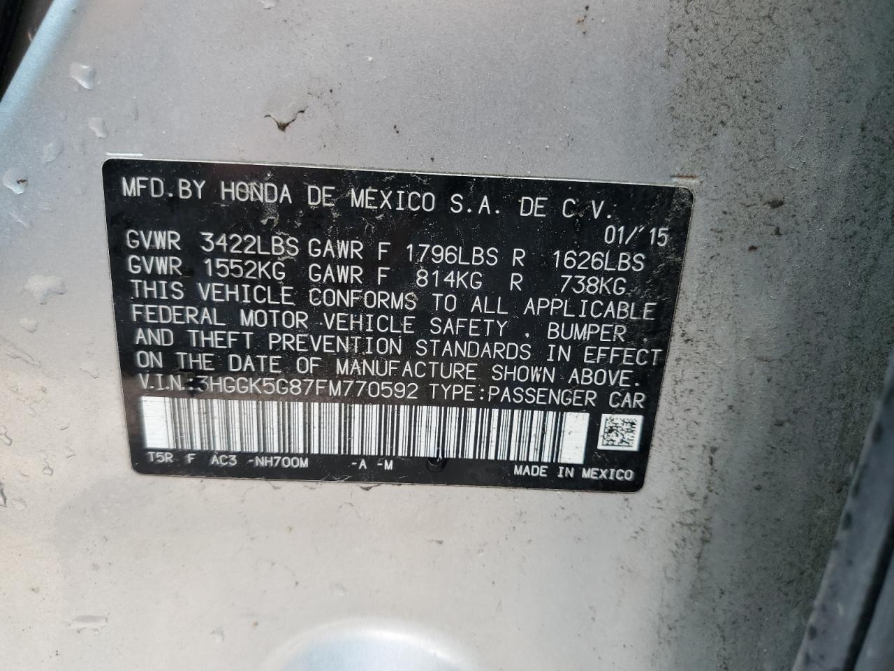 2015 Honda Fit Ex VIN: 3HGGK5G87FM770592 Lot: 67614425