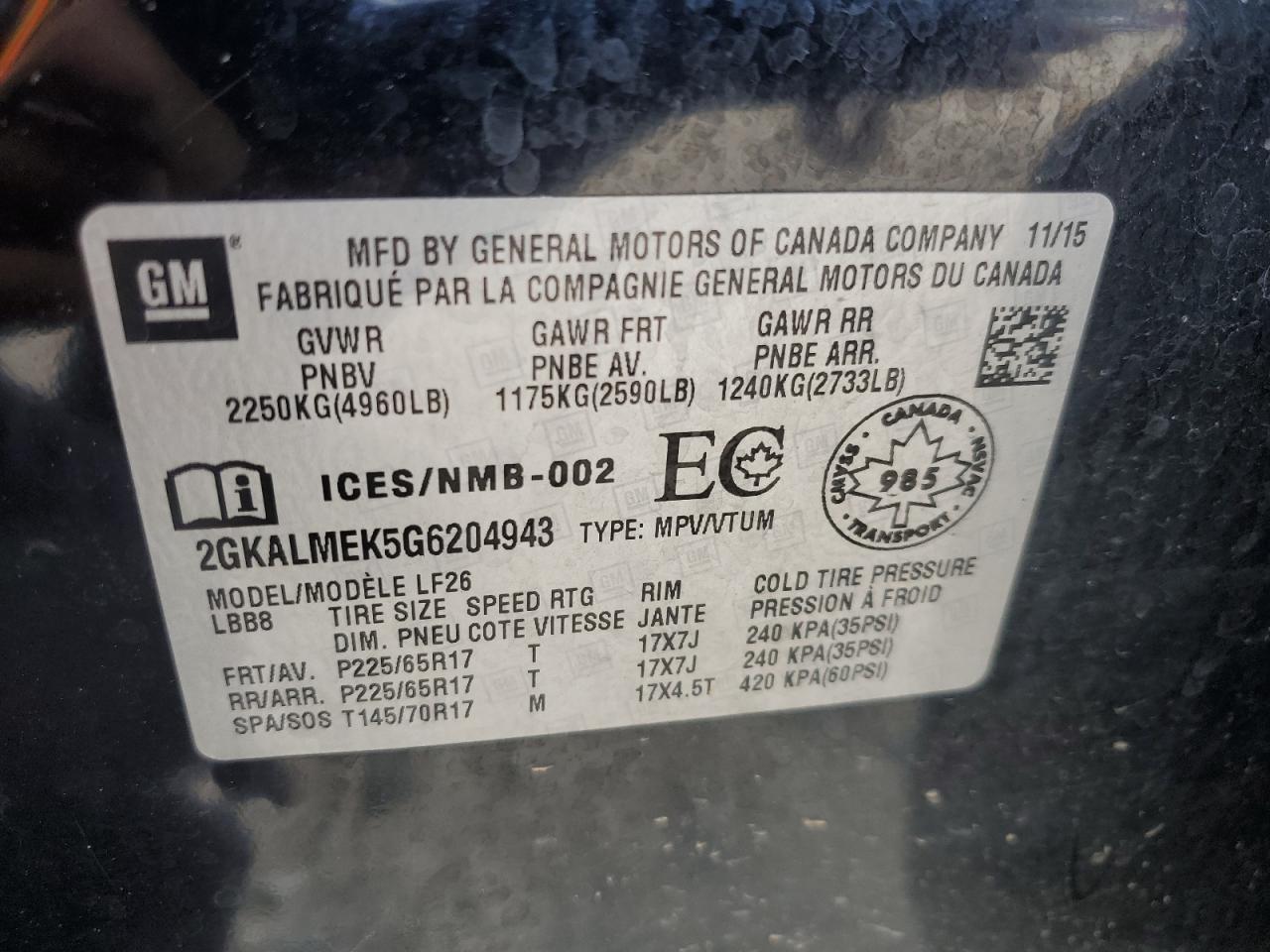 2016 GMC Terrain Sle VIN: 2GKALMEK5G6204943 Lot: 69831215