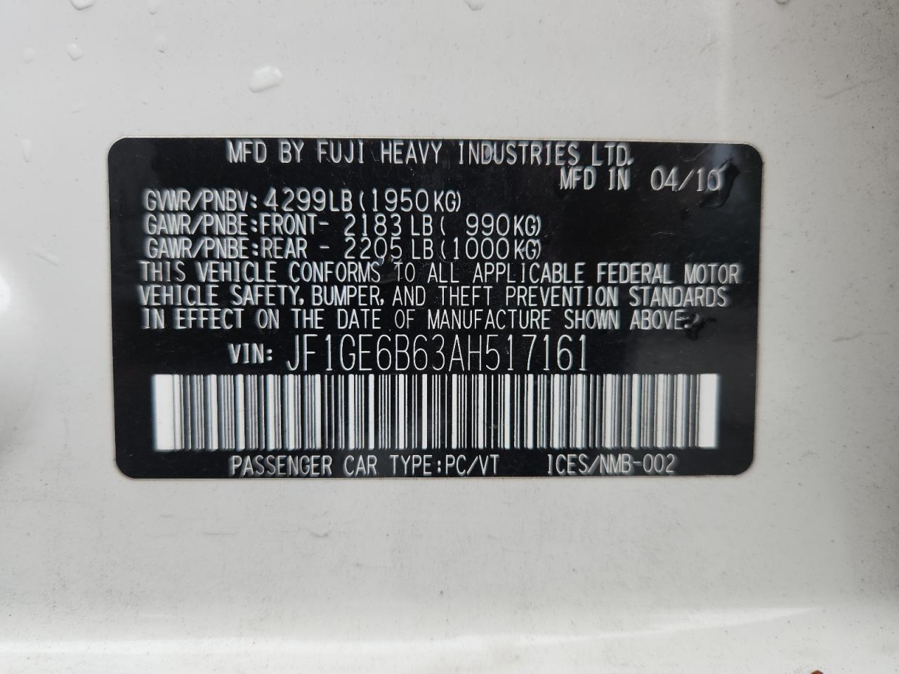 2010 Subaru Impreza 2.5I Premium VIN: JF1GE6B63AH517161 Lot: 70130425