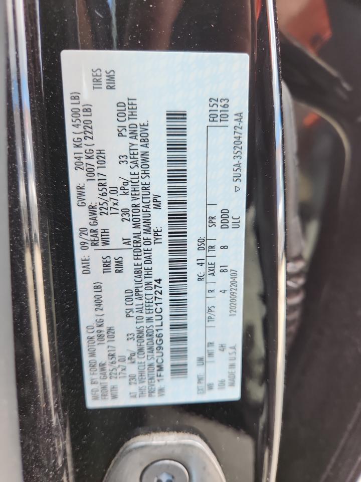 2020 Ford Escape Se VIN: 1FMCU9G61LUC17274 Lot: 70540265