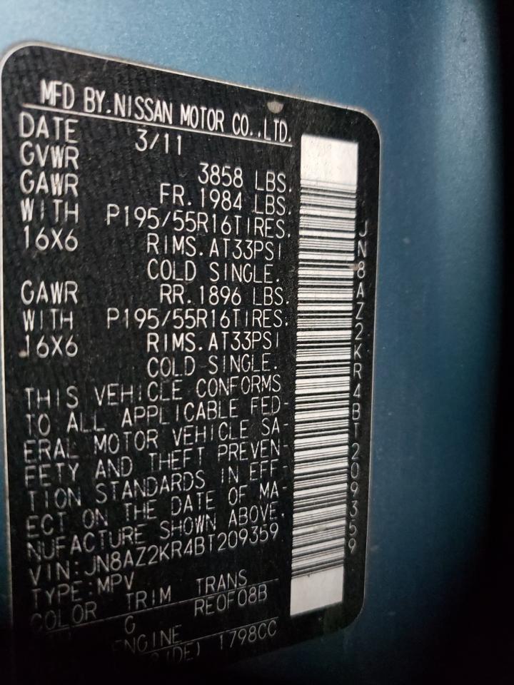 2011 Nissan Cube Base VIN: JN8AZ2KR4BT209359 Lot: 70962755