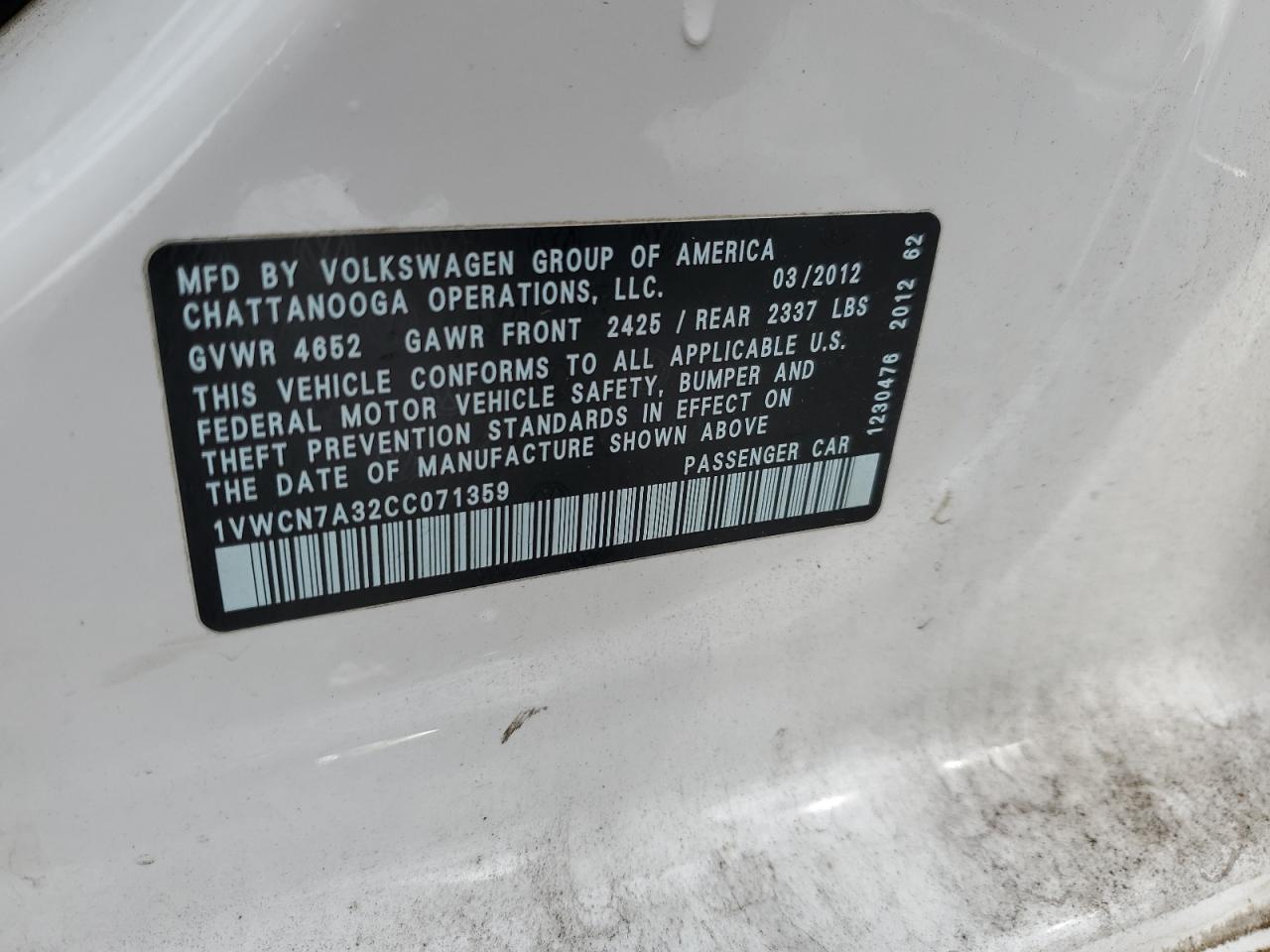 2012 Volkswagen Passat Sel VIN: 1VWCN7A32CC071359 Lot: 68842525