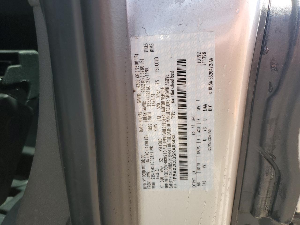 2025 Ford Transit T-350 VIN: 1FBAX2C83SKA03483 Lot: 69653095