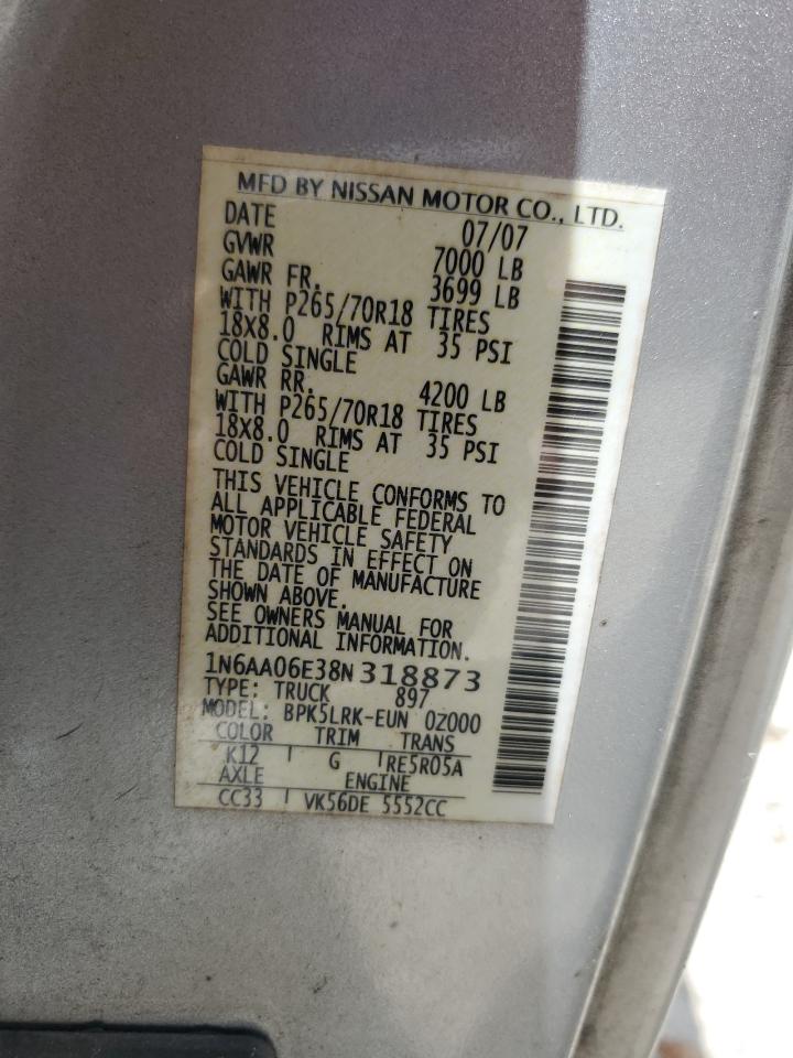 2008 Nissan Titan Xe VIN: 1N6AA06E38N318873 Lot: 67405425