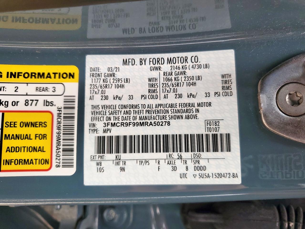 2021 Ford Bronco Sport First Edition VIN: 3FMCR9F99MRA50278 Lot: 67247265