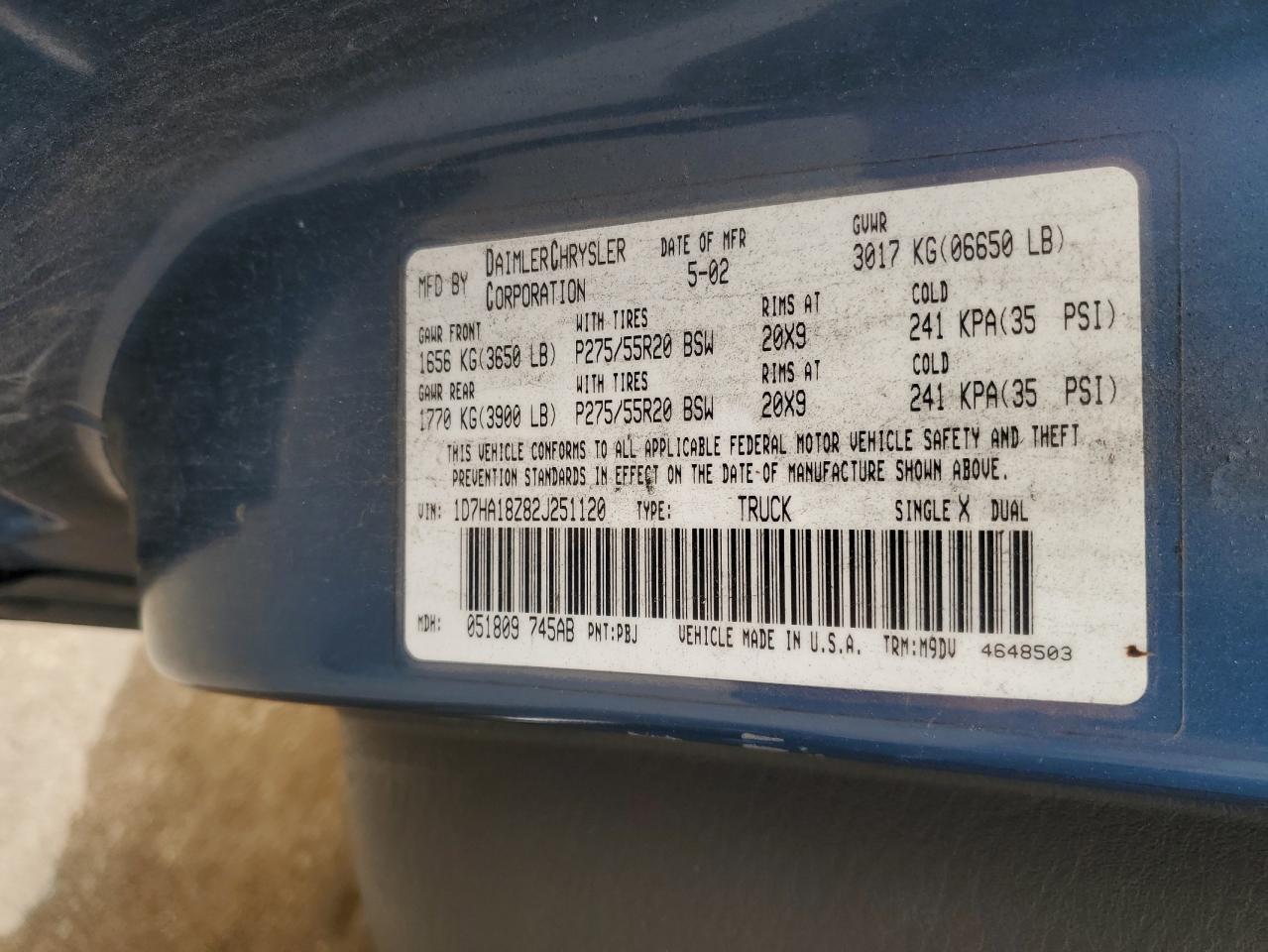 2002 Dodge Ram 1500 VIN: 1D7HA18Z82J251120 Lot: 67665435