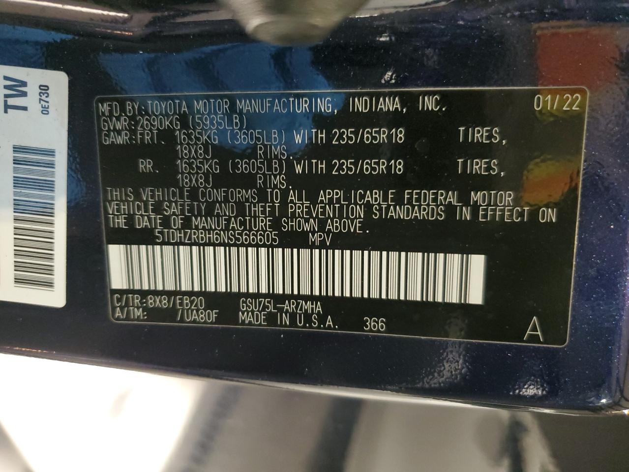 2022 Toyota Highlander Xle VIN: 5TDHZRBH6NS566605 Lot: 70768435