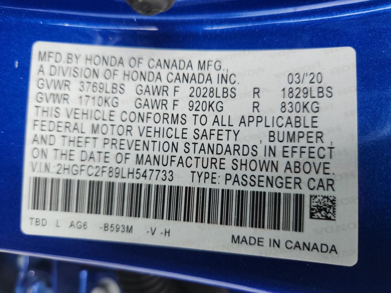 2020 Honda Civic Sport VIN: 2HGFC2F89LH547733 Lot: 67364935