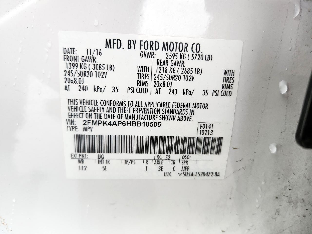 2017 Ford Edge Sport VIN: 2FMPK4AP6HBB10505 Lot: 69775215