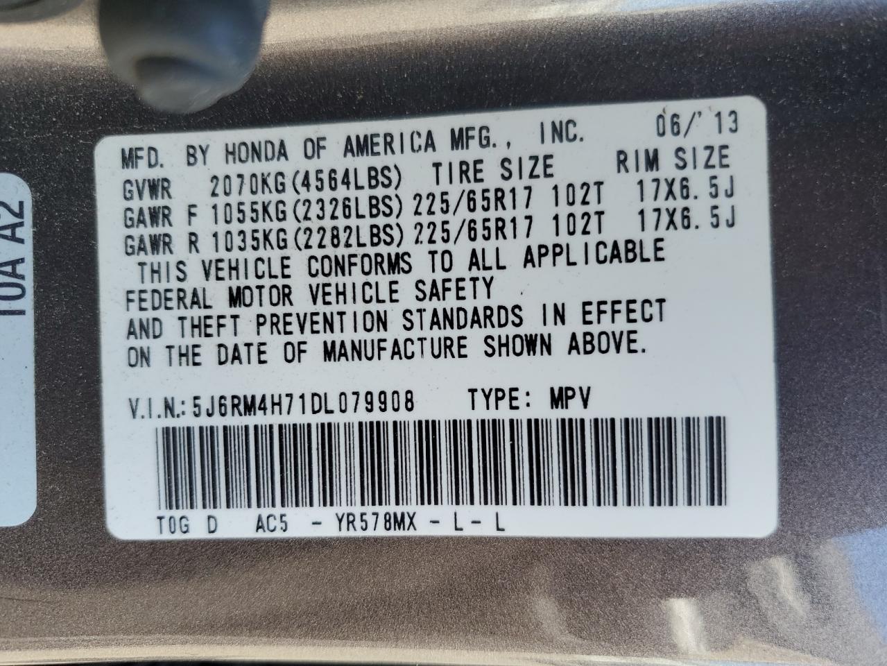 2013 Honda Cr-V Exl VIN: 5J6RM4H71DL079908 Lot: 68219115