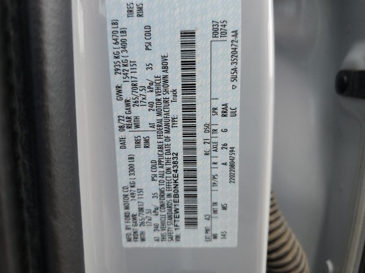2022 Ford F150 Supercrew VIN: 1FTEW1EB0NKE43832 Lot: 69707125