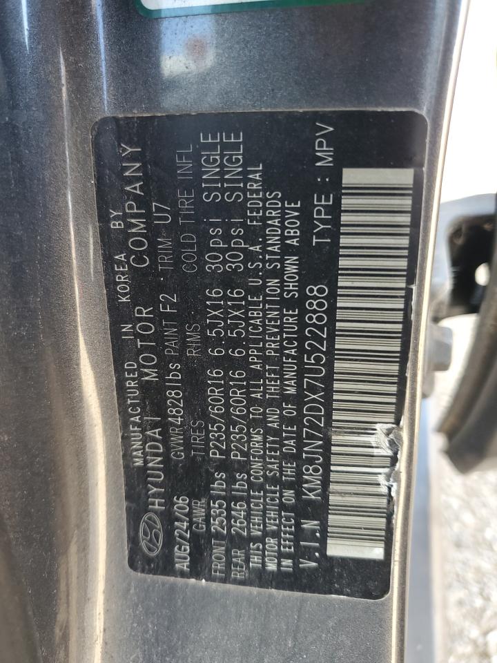 2007 Hyundai Tucson Se VIN: KM8JN72DX7U522888 Lot: 69609105