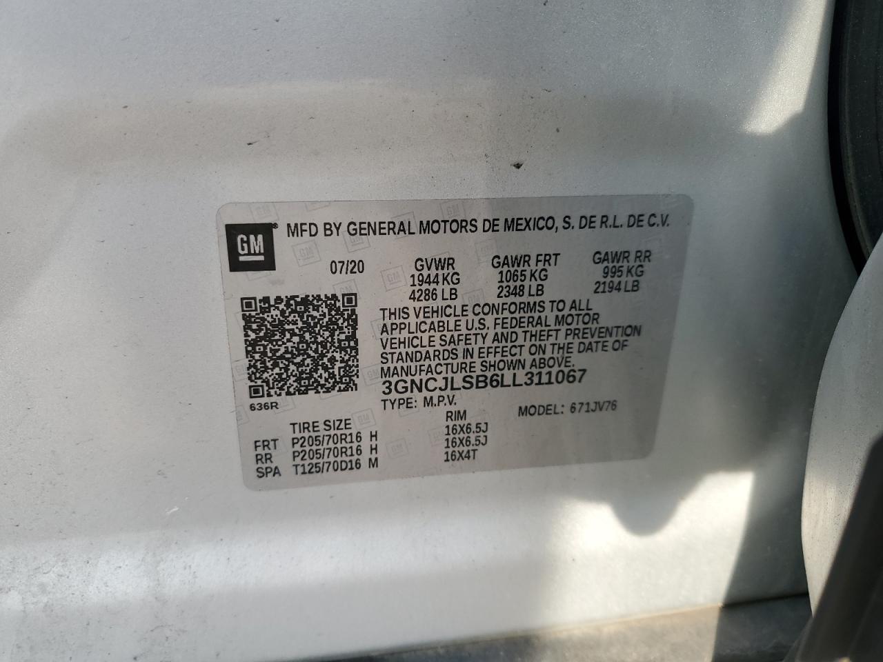 2020 Chevrolet Trax 1Lt VIN: 3GNCJLSB6LL311067 Lot: 70179365