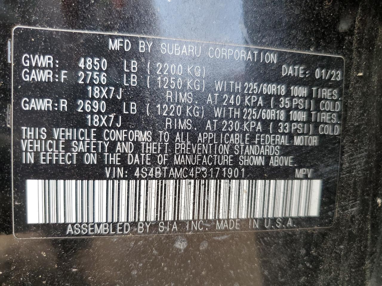 2023 Subaru Outback Limited VIN: 4S4BTAMC4P3171901 Lot: 68814675