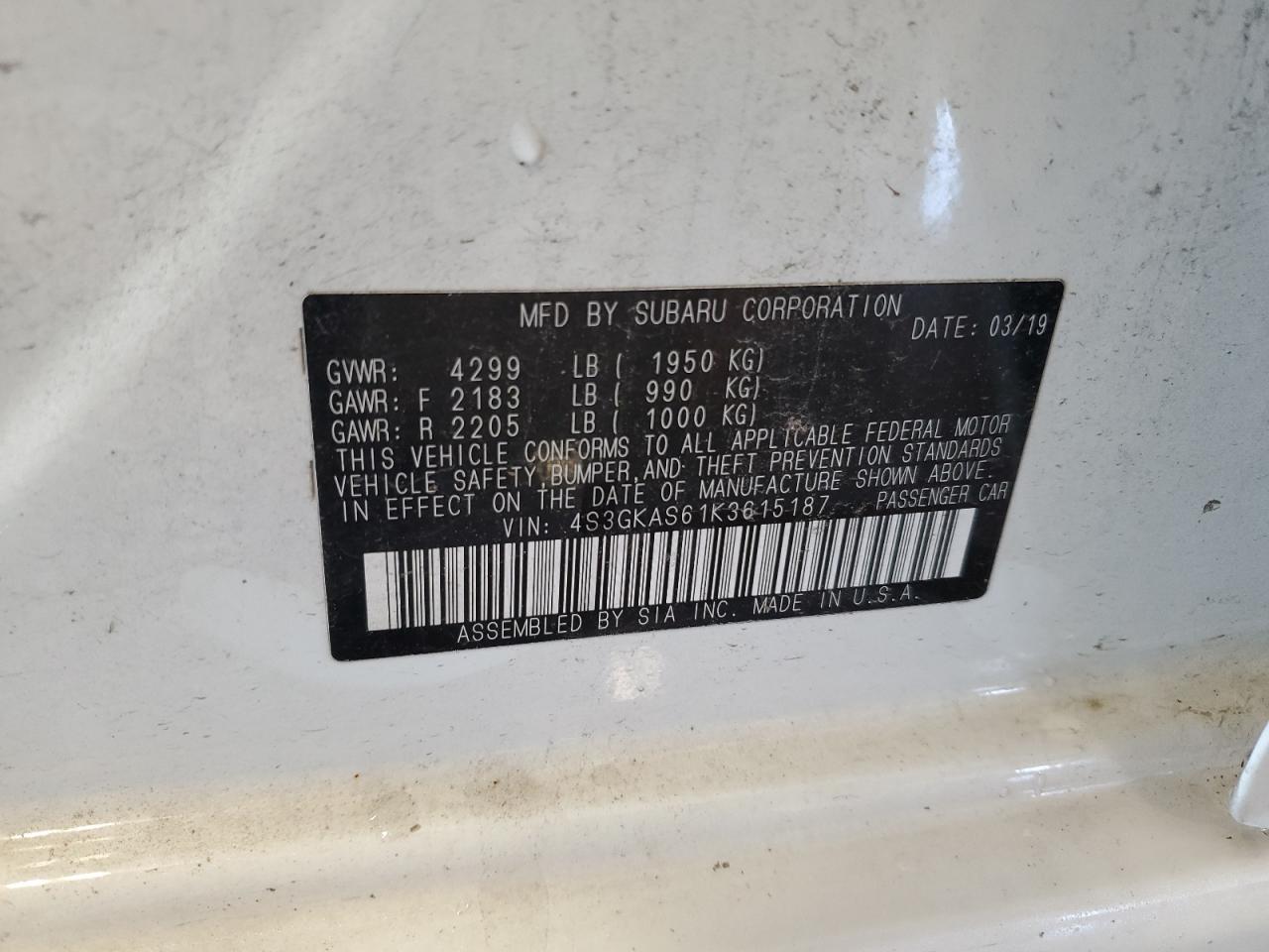 2019 Subaru Impreza Limited VIN: 4S3GKAS61K3615187 Lot: 69114155