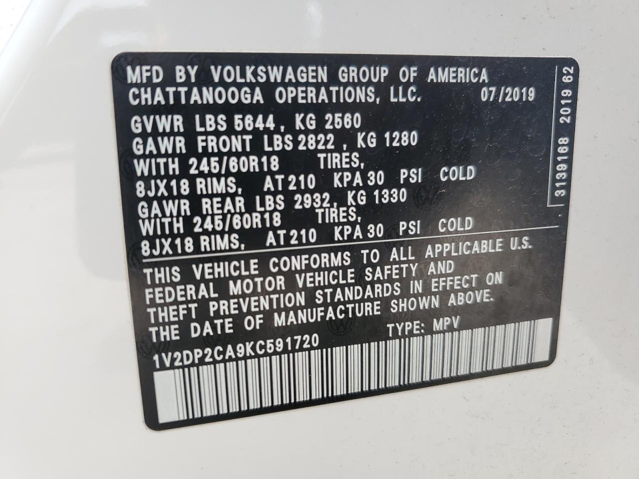 2019 Volkswagen Atlas Se VIN: 1V2DP2CA9KC591720 Lot: 69543665