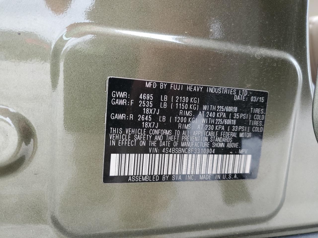 2015 Subaru Outback 2.5I Limited VIN: 4S4BSBNC8F3310904 Lot: 69848415