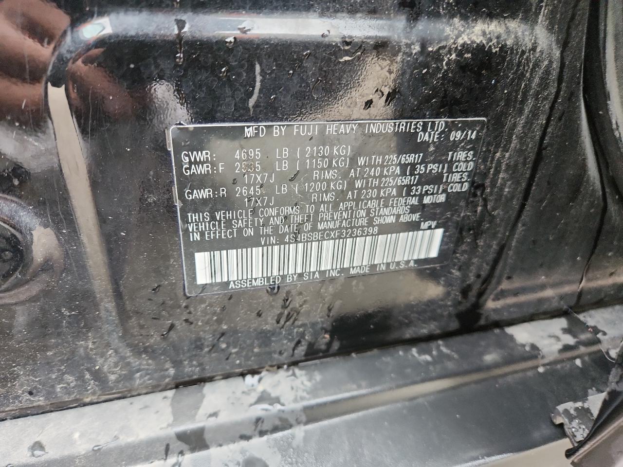 2015 Subaru Outback 2.5I Premium VIN: 4S4BSBECXF3236398 Lot: 69990205