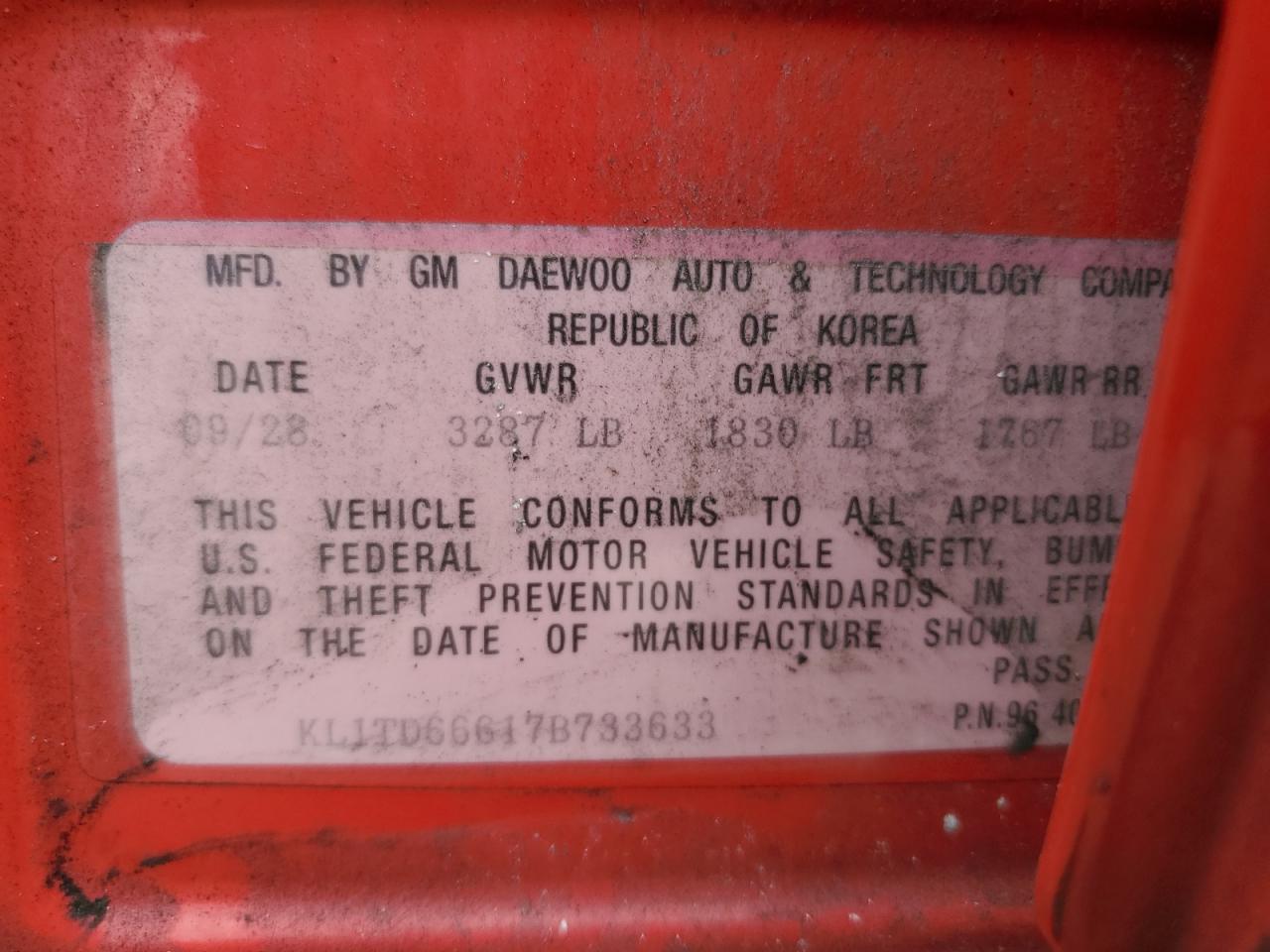 2007 Chevrolet Aveo Base VIN: KL1TD66617B733633 Lot: 69604845