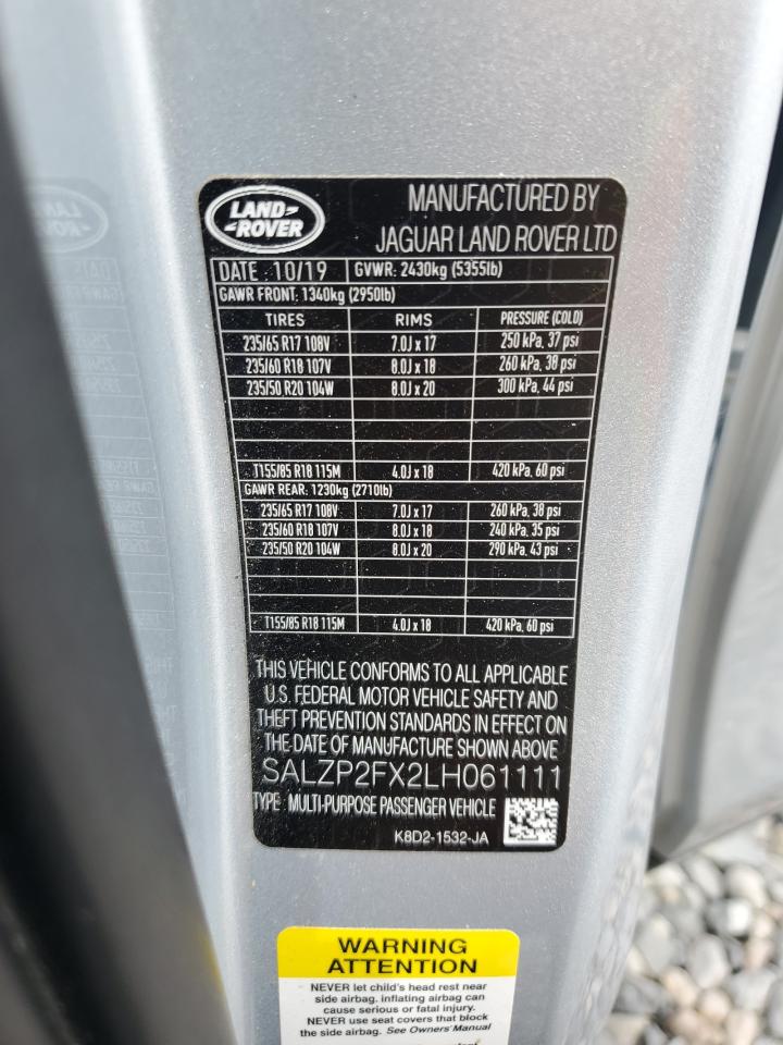 2020 Land Rover Range Rover Evoque Se VIN: SALZP2FX2LH061111 Lot: 70245765