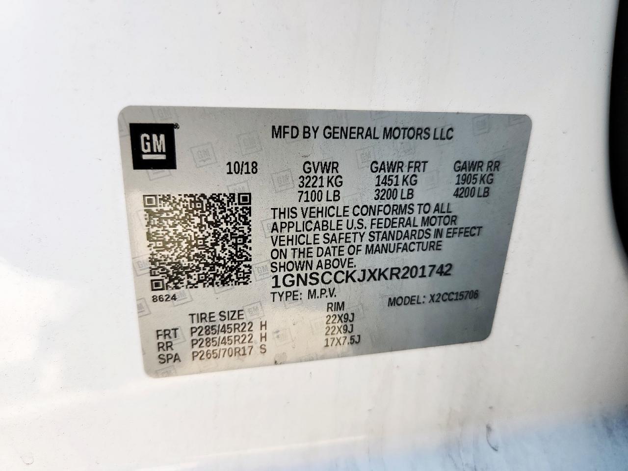 2019 Chevrolet Tahoe C1500 Premier VIN: 1GNSCCKJXKR201742 Lot: 67289355