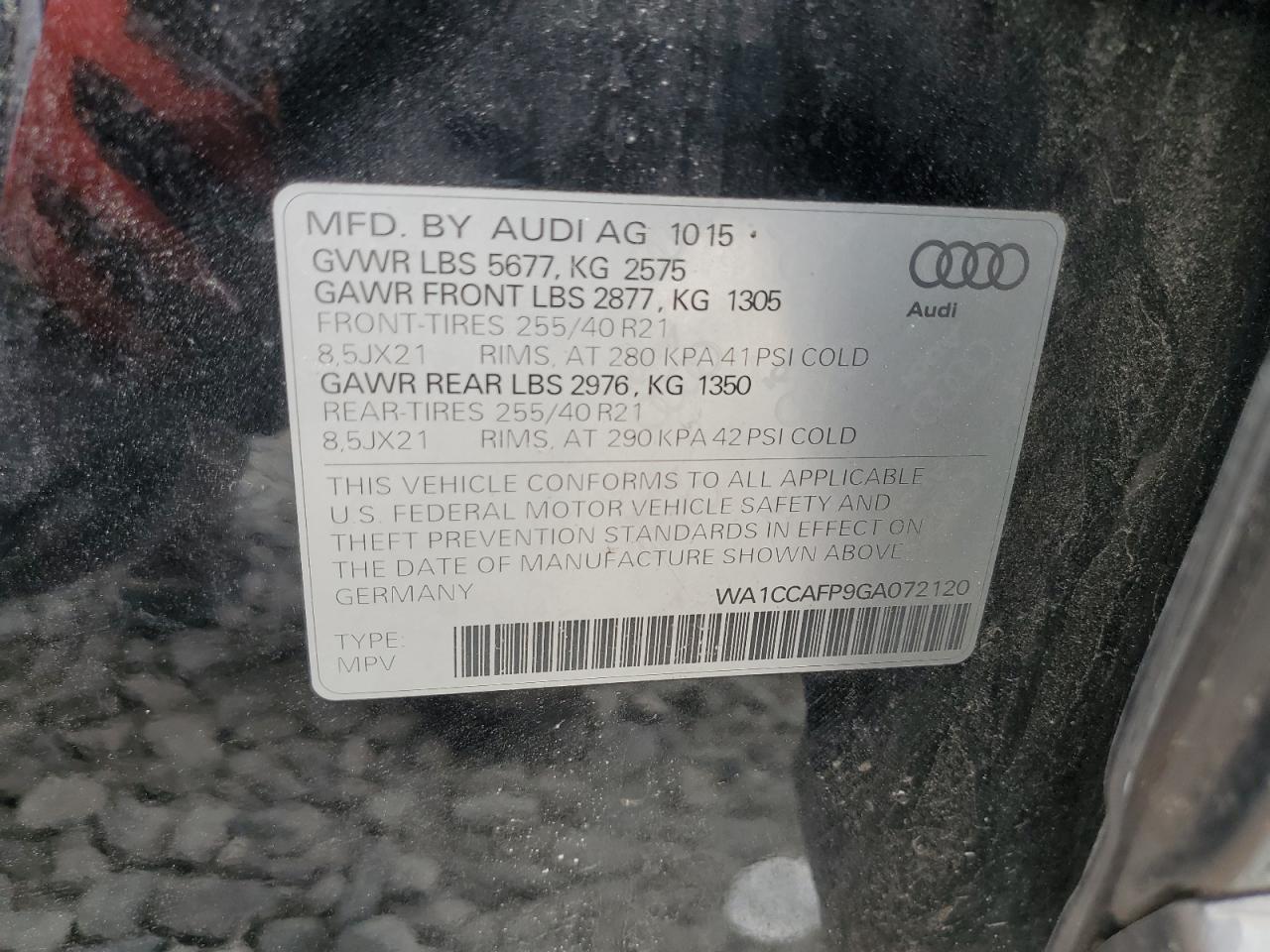 2016 Audi Sq5 Premium Plus VIN: WA1CCAFP9GA072120 Lot: 70872615