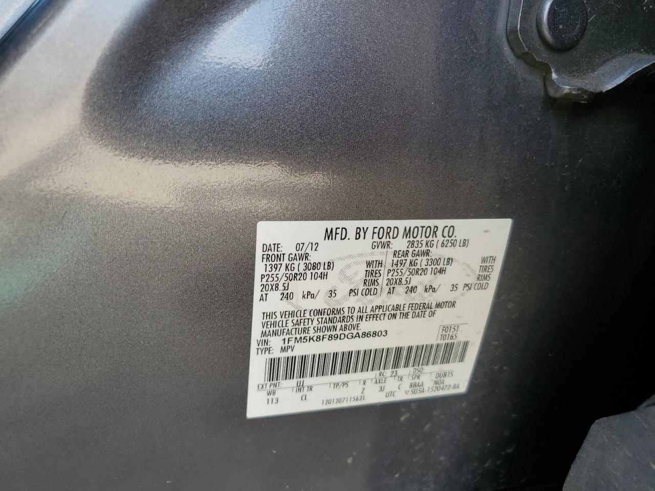 2013 Ford Explorer Limited VIN: 1FM5K8F89DGA86803 Lot: 70153875