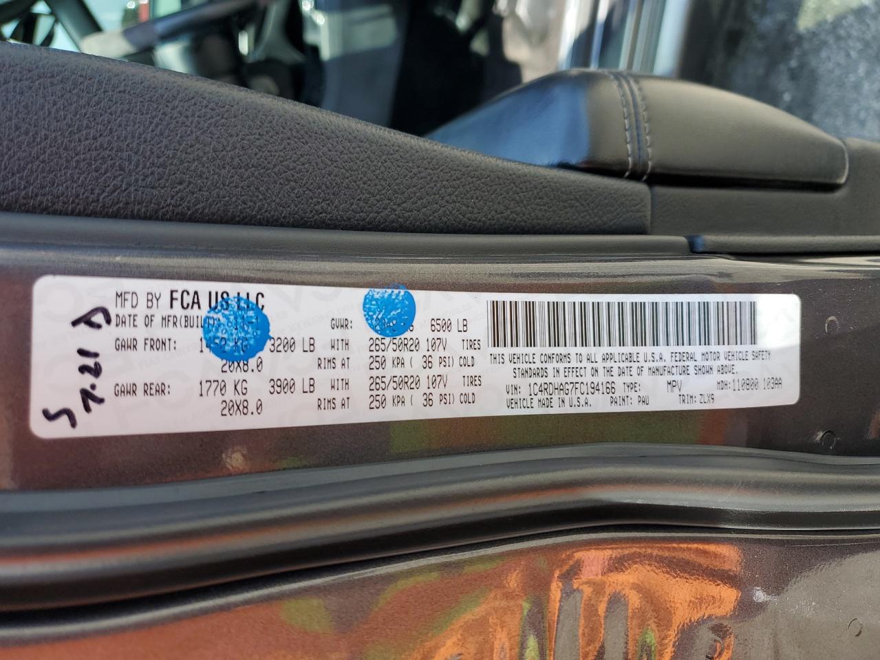 2015 Dodge Durango Sxt VIN: 1C4RDHAG7FC194166 Lot: 68970215