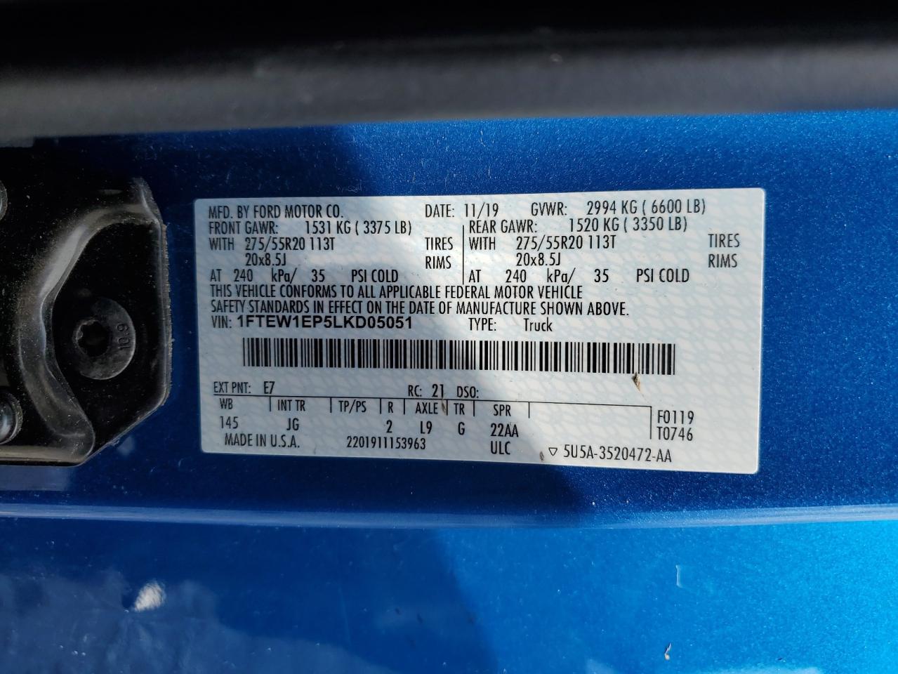 2020 Ford F150 Supercrew VIN: 1FTEW1EP5LKD05051 Lot: 70155745