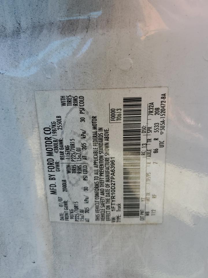 2007 Ford Ranger VIN: 1FTYR10D27PA63961 Lot: 70046345