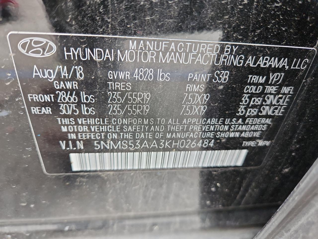 2019 Hyundai Santa Fe Limited VIN: 5NMS53AA3KH026484 Lot: 69351885