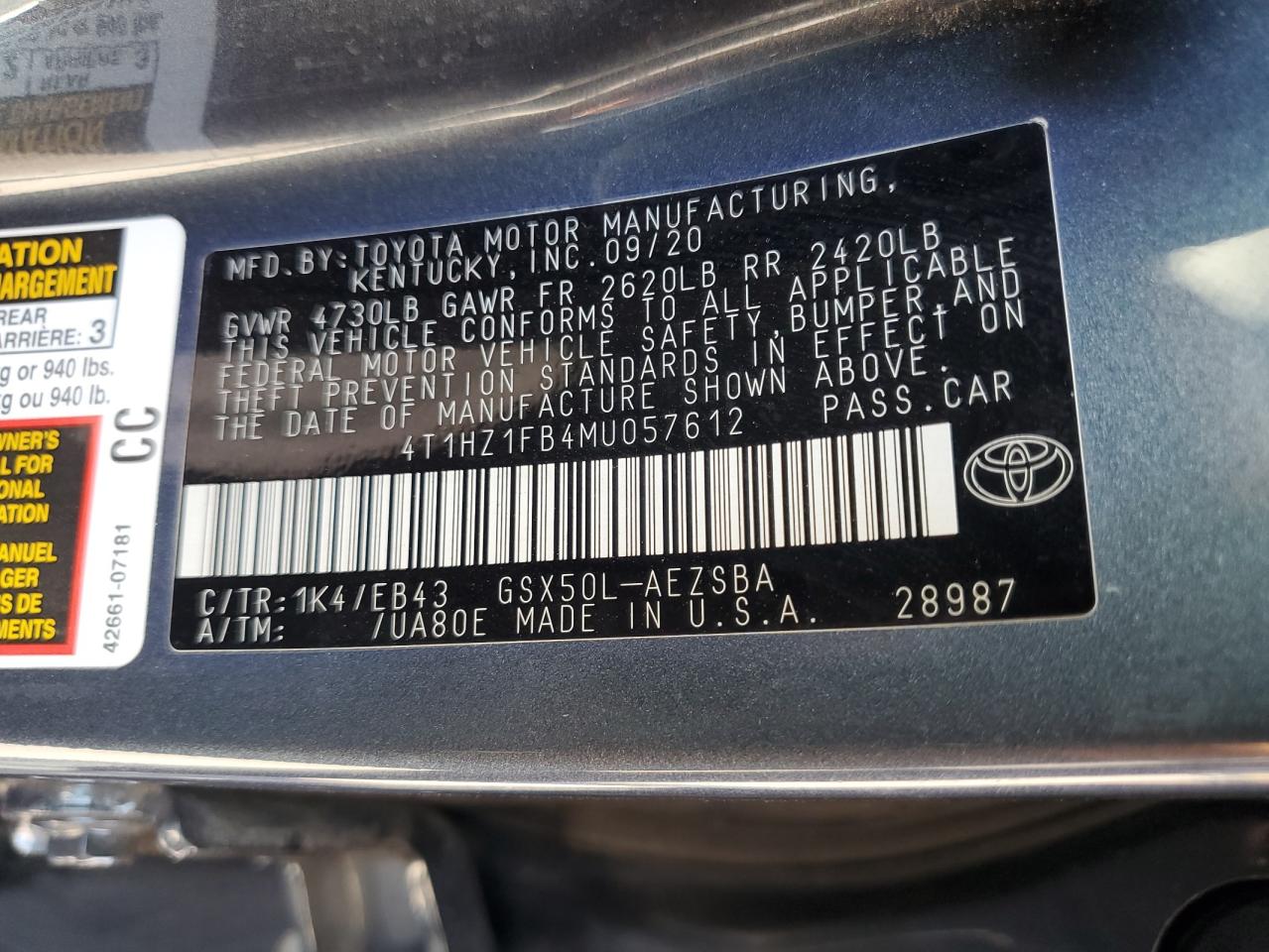 2021 Toyota Avalon Touring VIN: 4T1HZ1FB4MU057612 Lot: 69148865