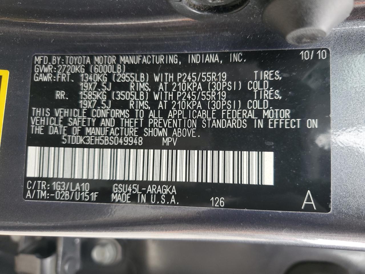 2011 Toyota Highlander Limited VIN: 5TDDK3EH5BS049948 Lot: 69106545