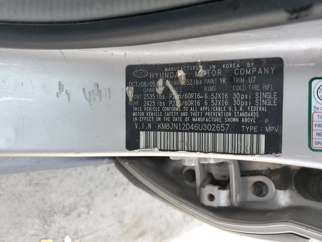 2006 Hyundai Tucson Gls VIN: KM8JN12D46U302657 Lot: 67362785