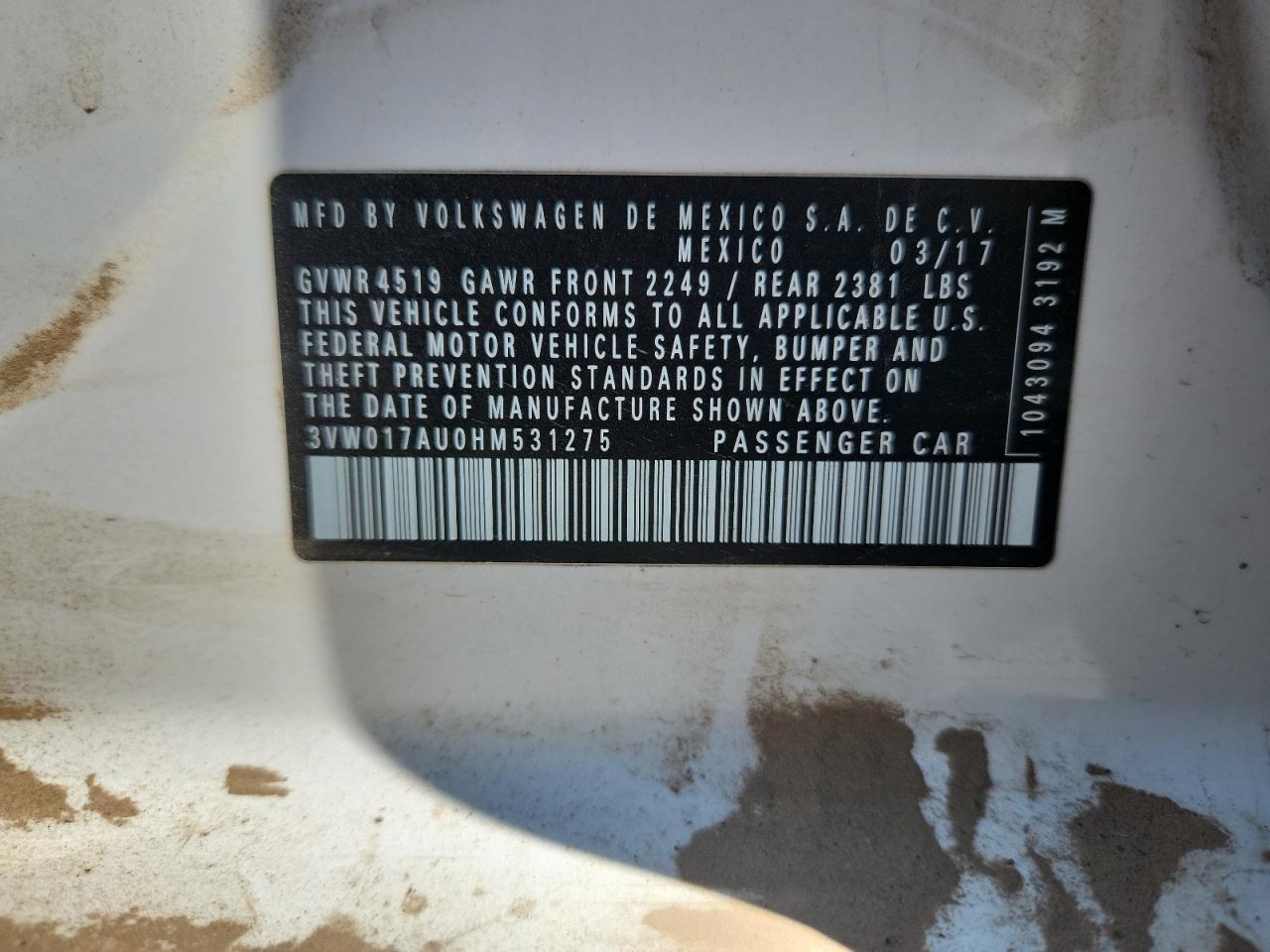 2017 Volkswagen Golf Sportwagen S VIN: 3VW017AU0HM531275 Lot: 68853235