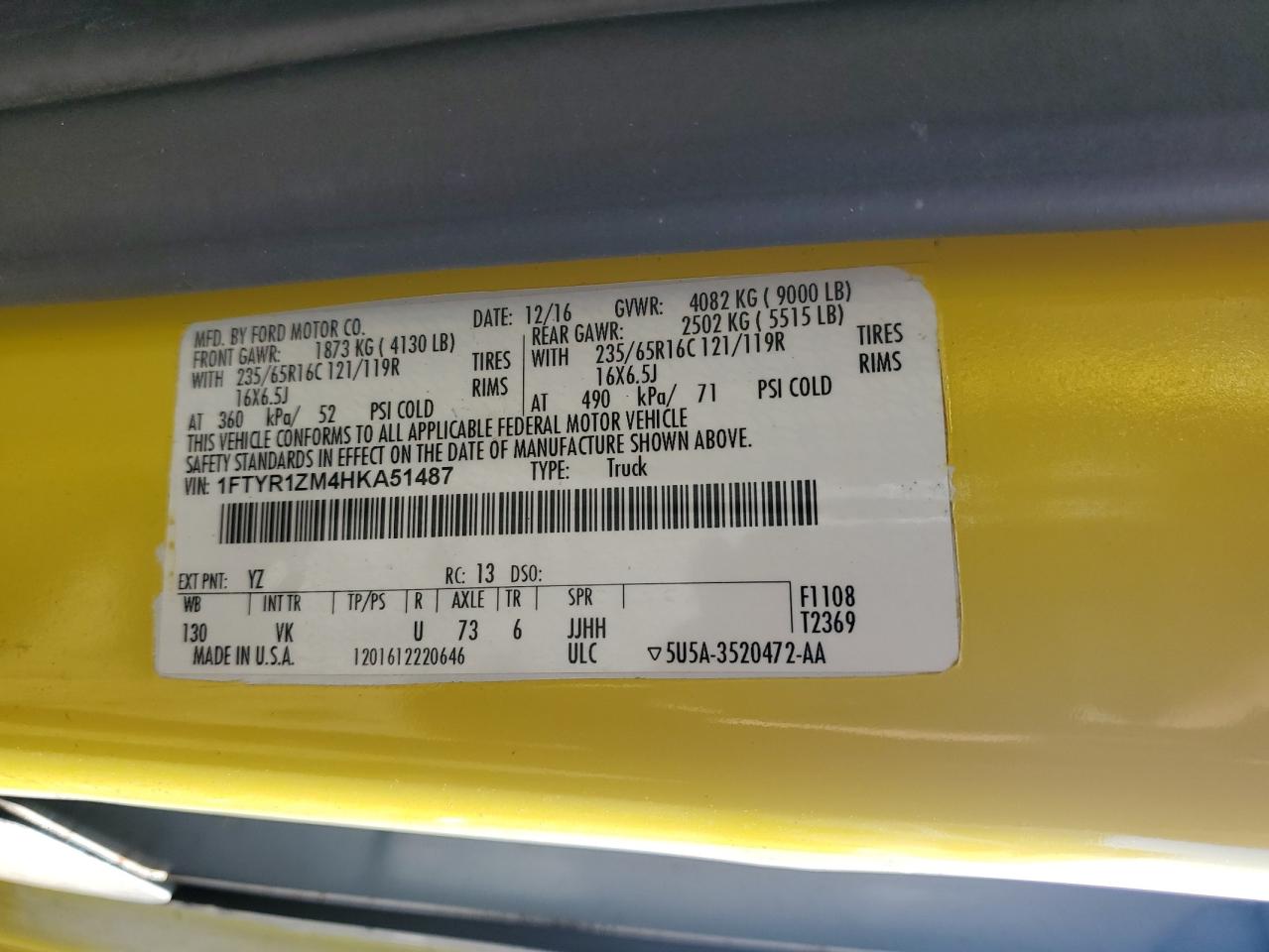 2017 Ford Transit Van T-250 Lo VIN: 1FTYR1ZM4HKA51487 Lot: 69056635