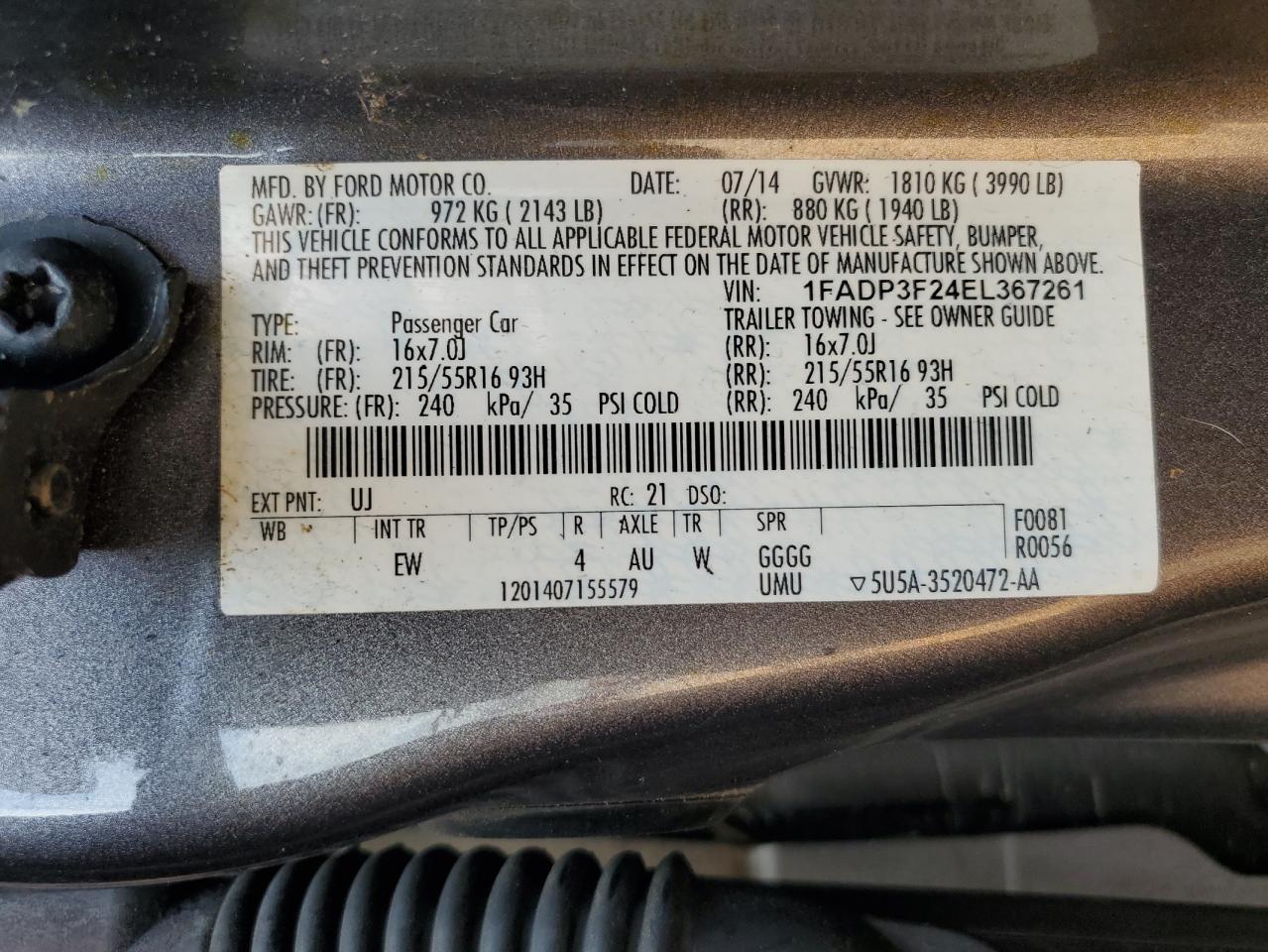 2014 Ford Focus Se VIN: 1FADP3F24EL367261 Lot: 69354655