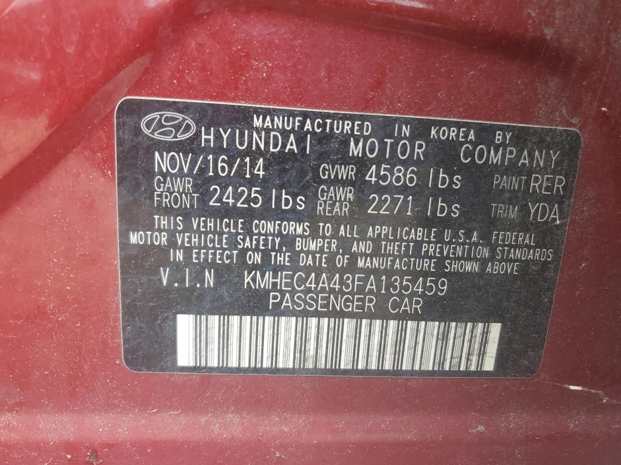 2015 Hyundai Sonata Hybrid VIN: KMHEC4A43FA135459 Lot: 69163135