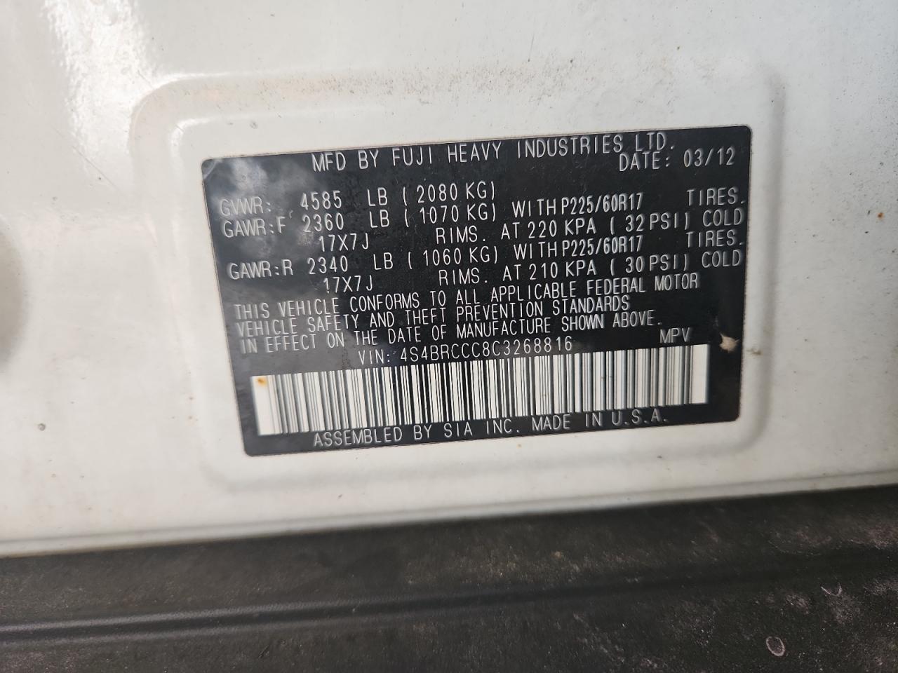 2012 Subaru Outback 2.5I Premium VIN: 4S4BRCCC8C3268816 Lot: 70214105