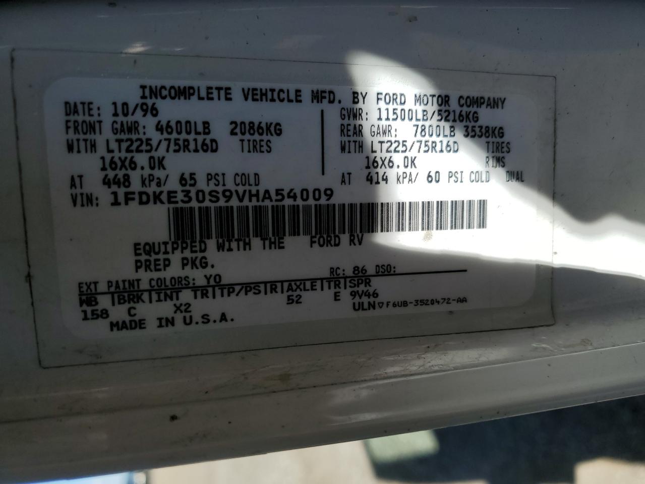 1997 Ford Econoline E350 Cutaway Van VIN: 1FDKE30S9VHA54009 Lot: 69734525