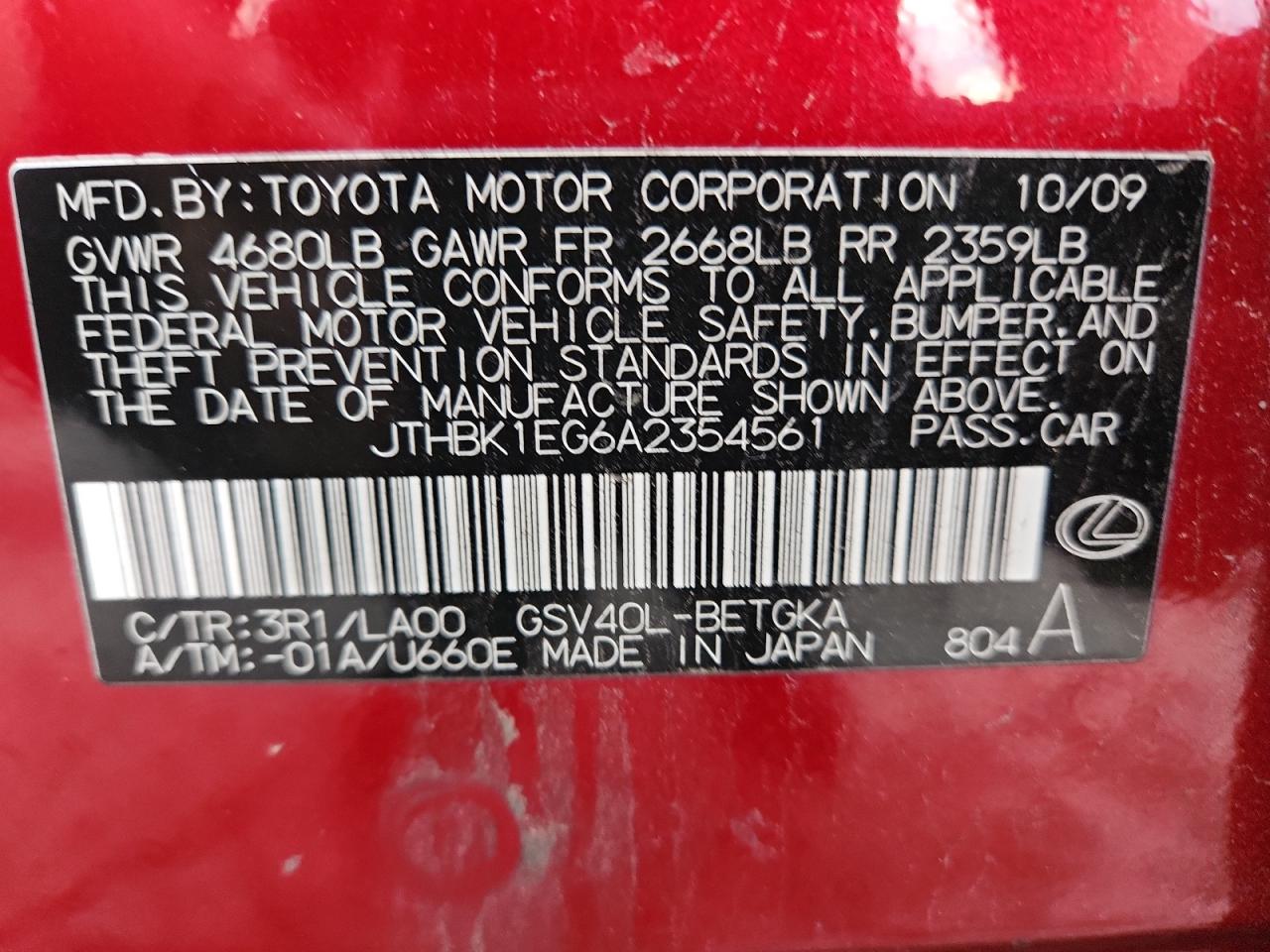 2010 Lexus Es 350 VIN: JTHBK1EG6A2354561 Lot: 70762415