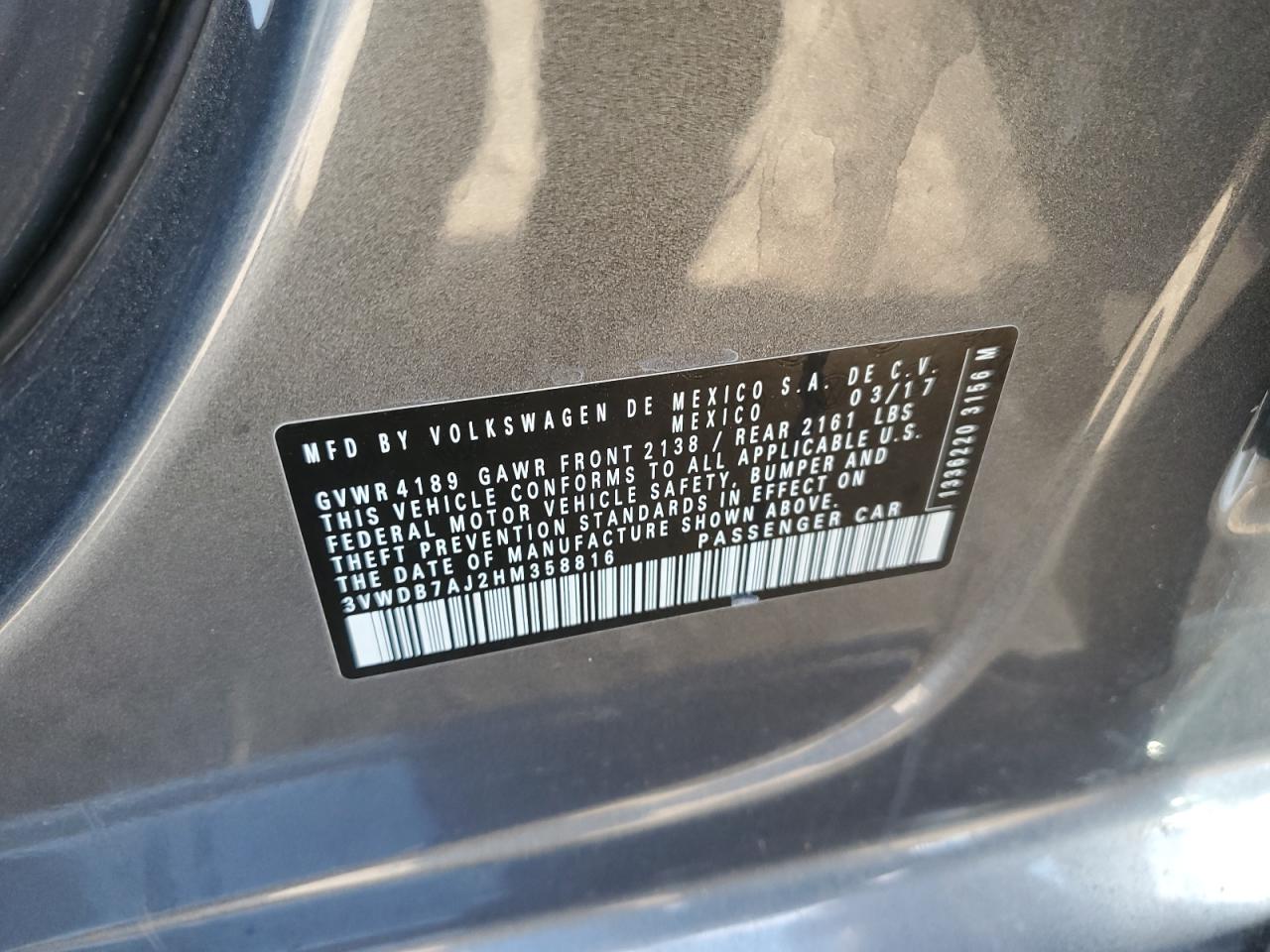 2017 Volkswagen Jetta Se VIN: 3VWDB7AJ2HM358816 Lot: 69578395