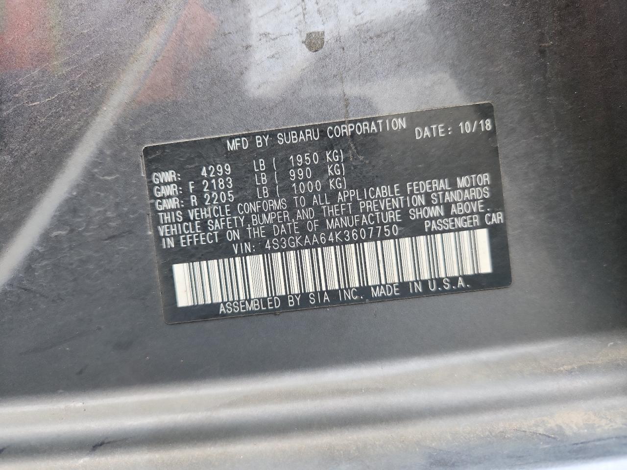 2019 Subaru Impreza VIN: 4S3GKAA64K3607750 Lot: 68638415