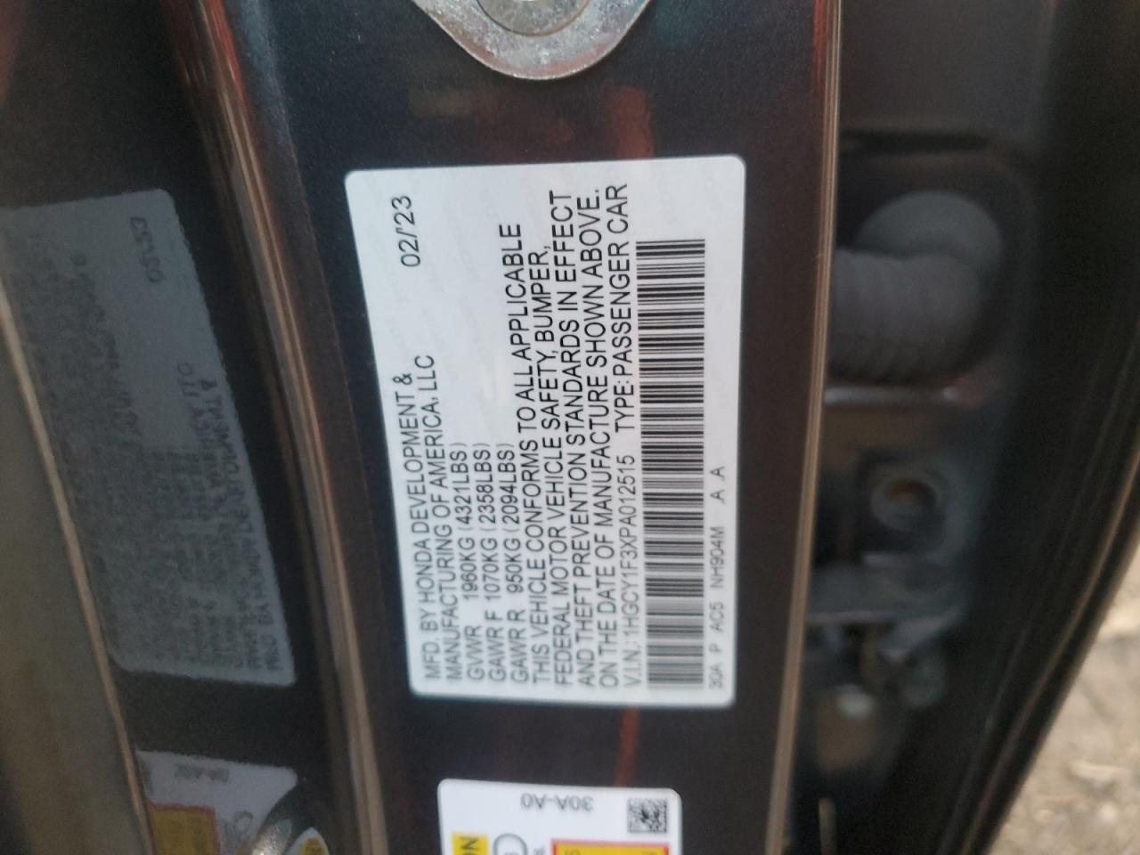2023 Honda Accord Ex VIN: 1HGCY1F3XPA012515 Lot: 85320655