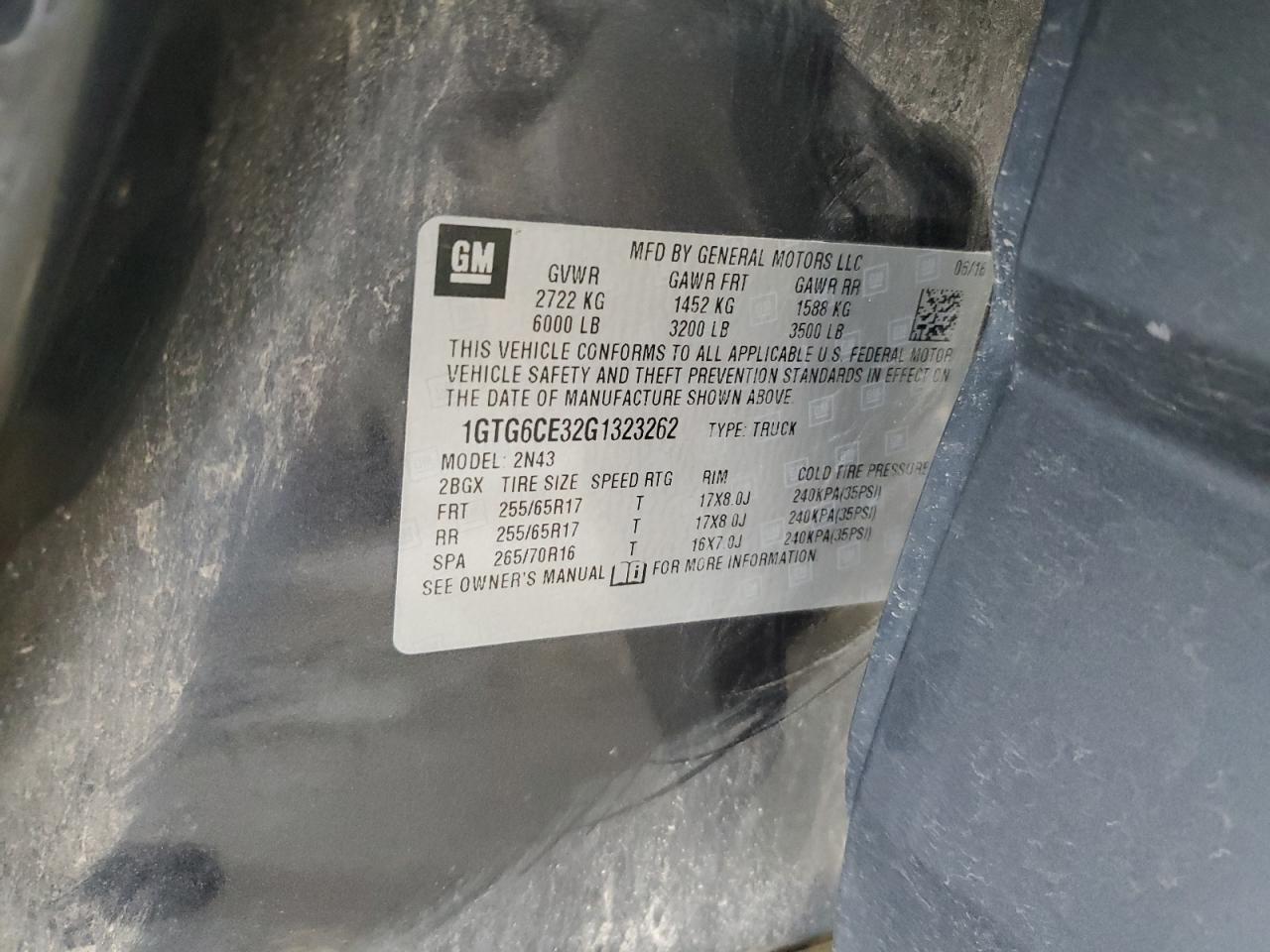 2016 GMC Canyon Sle VIN: 1GTG6CE32G1323262 Lot: 68099265