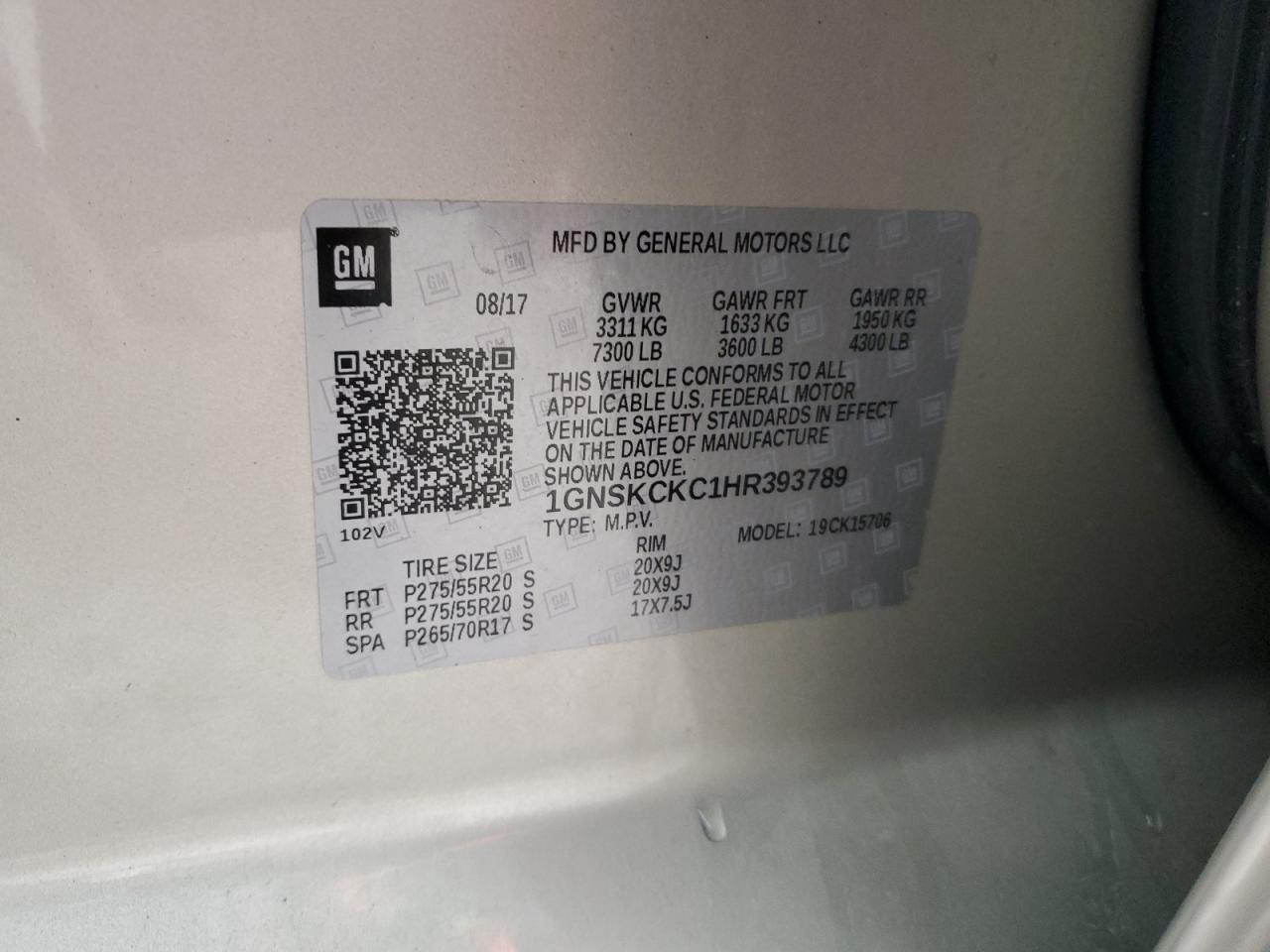 2017 Chevrolet Tahoe K1500 Premier VIN: 1GNSKCKC1HR393789 Lot: 70725815