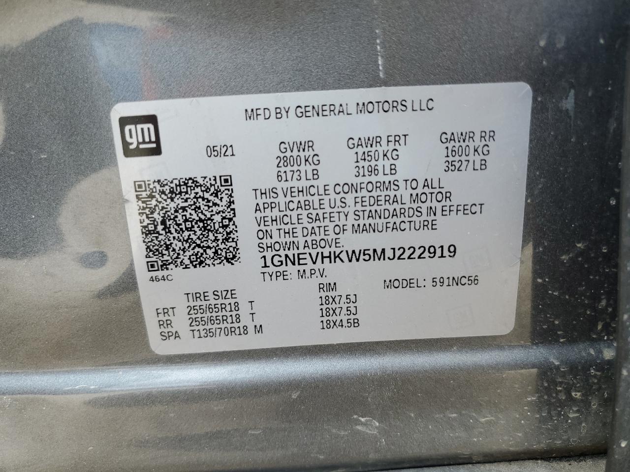 2021 Chevrolet Traverse Lt VIN: 1GNEVHKW5MJ222919 Lot: 68958965