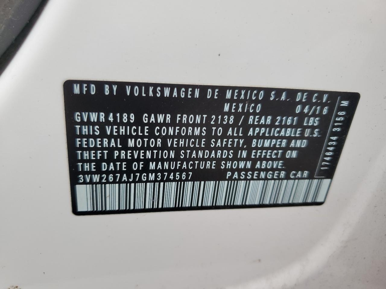 2016 Volkswagen Jetta S VIN: 3VW267AJ7GM374567 Lot: 70181085