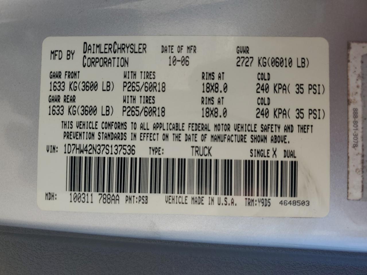 2007 Dodge Dakota Slt VIN: 1D7HW42N37S137536 Lot: 68782585