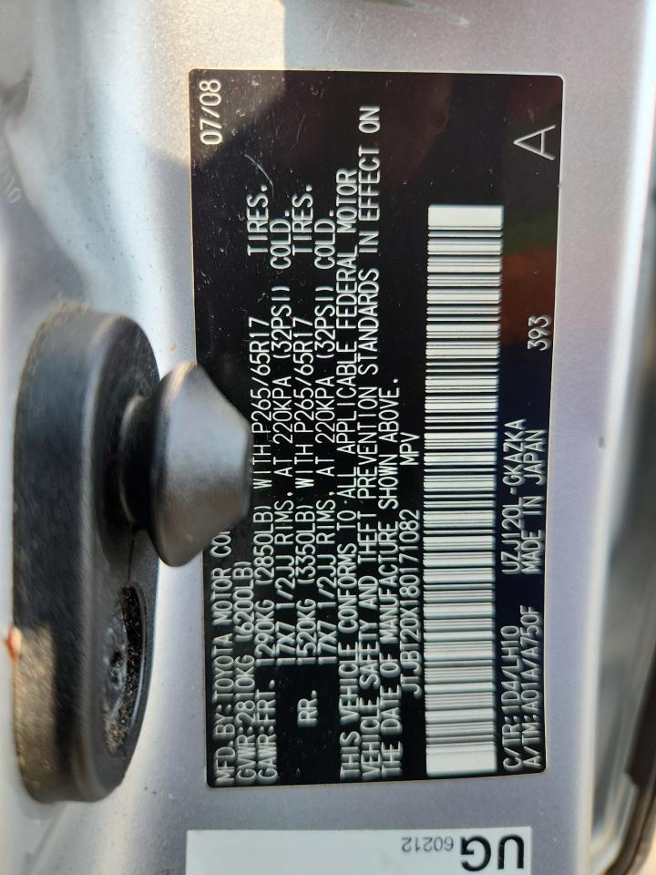 2008 Lexus Gx 470 VIN: JTJBT20X180171082 Lot: 67673175